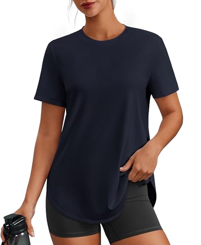 PINSPARK Athletic Shirts Women UPF 50+ Workout Tops Short Sleeve Gym Shirts Hip Length Moisture Wicking Shirts for Exercise Hiking, Dark Navy Large