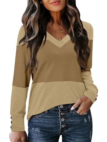 KISSMODA Long Sleeve Shirts for Women Color Block Tops Tunic Light Weight Sweaters Fall Fashion 2025 V Neck Blouse2