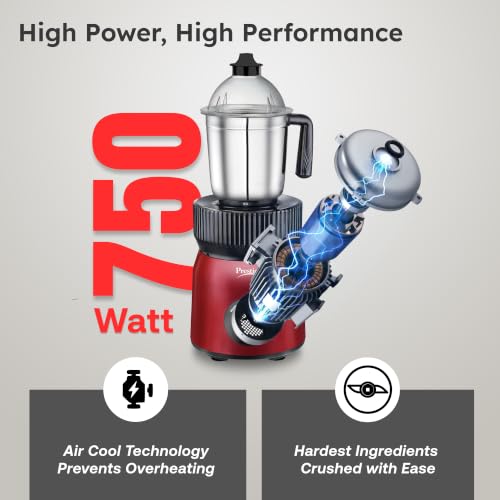 Image of Prestige Fusion 4J 750 Watt Mixer Grinder with with 4 Jars (2 Stainless Steel + 2 Transparent) | Space-Saving Design | Extra Sipper & Storage Lid | Stainless Steel Blades | 2Y Warranty | ISI Certified