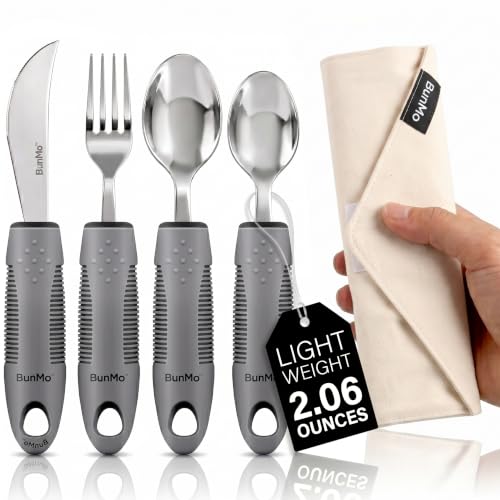 BUNMO Adaptive Utensils for Elderly, Tremors & Weak Hand Grips &ndash; 4pc Lightweight Assistive...