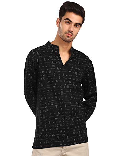 Image of Shatranj by FBB Men's Printed Blended Full Sleeves Kurta - Medium, Black