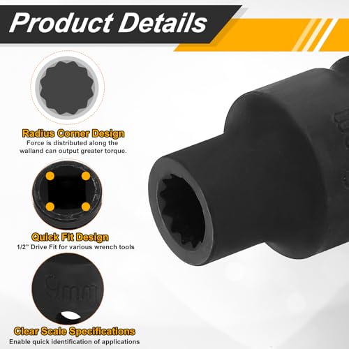 Image of HARFINGTON 2pcs 1 /2 inch Drive x 9mm Shallow Impact Socket 12-Point Metric CR-V Steel Spindle Nut Impact Flip Sleeve for Home Auto Nuts Bolts Repair
