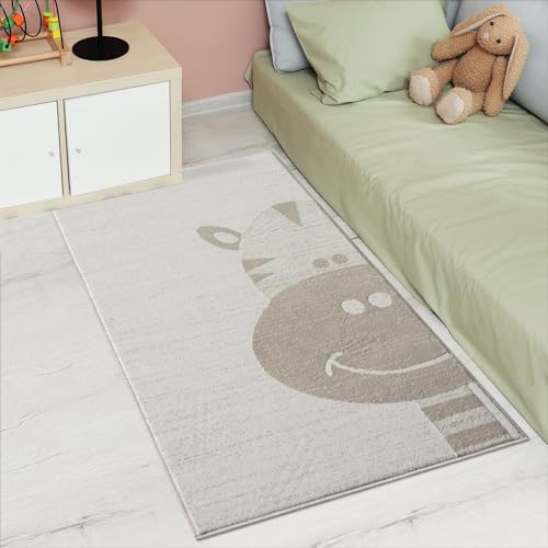 Tapis pour enfant crème, beige – 80 x 150 cm – Motif animal girafe – Tapis à poils courts pour chambre d'enfant, salle de jeux