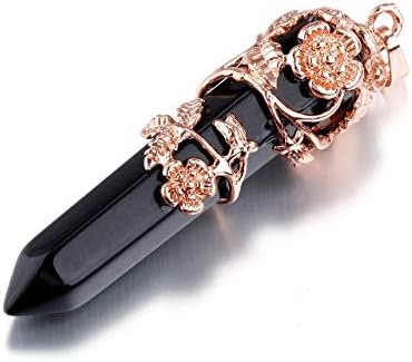 JSDDE Rose Gold Flower Wrapped Gemstone Point Necklace Natural Healing Crystal Stone Pendant Necklace for Women