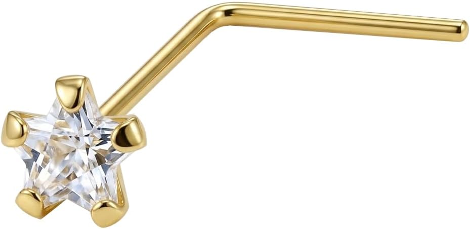 9K Solid Yellow Gold 22 Gauge (0.6mm) L Shaped Nose Stud with Star Cz Gemstone - Nose Pin - Tiny Nose Ring - 9K Gold Nose Piercing Body Jewelry
