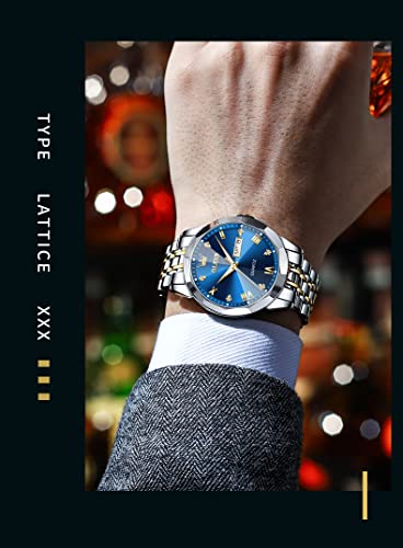 Olevs YPF-S-G9931GJ-JL Watch For Men Diamond Business Dress Analog Quartz Stainless Steel Waterproof Luminous Date Two Tone Luxury Casual Wrist Watch Blue thumb #1