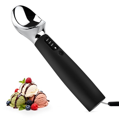 TINYLENS Heated Ice Cream Scoop Rechargeable with 3 Heat Levels 120–160°F, LED Display, 2600mAh Battery, Waterproof Metal Ice Cream Scoop for Hard Ice Cream & Desserts