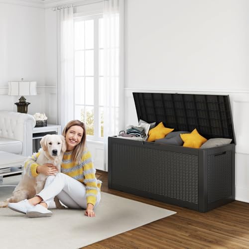 ROJIK Outdoor Storage Housing Deck Box - Waterproof Patio Furniture, Garden Tools, Cushions, Pool Accessories Storage Bench with Lockable Lid and Side Handles (Black 110 Gal)
