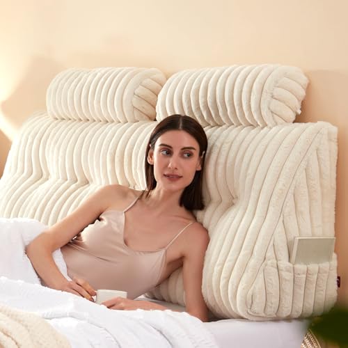 Rycwola Faux Fur Headboard Pillow with 2 Pack Neck Roll Pillow Large Headboard Pillow Soft and Supportive with Removable Cover (Beige Queen)