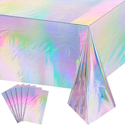 Image of 6 Pack Iridescence Plastic Tablecloths Shiny Disposable Laser Rectangle Table Covers Holographic Foil Tablecloth Iridescent Party Decoration Birthday Bridal Wedding Christmas 54 inch x 108 inch(Laser)