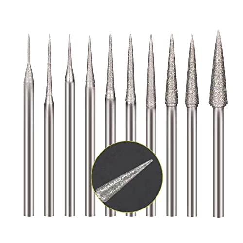 Luo ke 10 Pcs Cone Shape Diamond Burr Set - 3/32'' Shank Diamond Cone Burs Stone Carving Bits for Rotary Tool Include Dremel