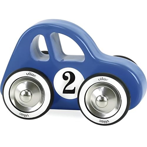 Vilac Swing Car Bleue 2299B : voiture de course en bois rétro pour enfant