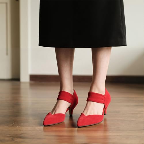 Image of Pointed Toe Low Kitten Heels Women Ankle Strap Slip on Pumps | Closed Toe, 2.2 Inch short heels,Synthetic Upper /Suede,Bridal Dress Shoes - 8 Colors, Wedding, Party and Formal Events