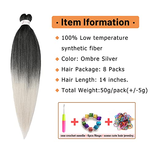 Braiding Hair Pre Stretched 14 Inch 8 Packs Gray Braiding Hair Yaki Texture, Hot Water Setting, Easy To Install Professional Synthetic Hair Extensions Ombre Braiding Hair(14In,1B/Silver) #TOP1