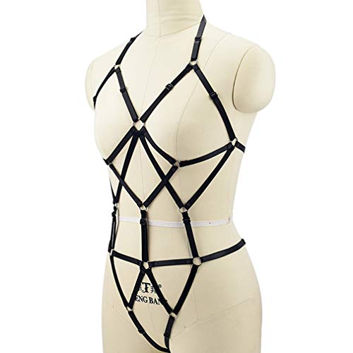 Petmhs Women Strappy Full Cage Body Harness Lingerie Garter Belt Set Waist Hollow Crop Tops Bra Punk Gothic Festival Wear Black #TOP6