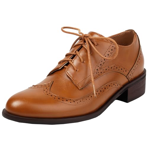 Onewus Zapatos Oxford vintage para mujer con tacón bajo grueso con cordones, amarillo, 38 EU Onewus Zapatos Oxford vintage para mujer con tacón bajo grueso con cordones, amarillo, 38 EU