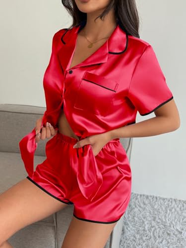 Image of Ekouaer Womens Satin Pajamas Set 2 piece Silky Buttton Down Short Pjs | Silk Notch Collar Top and Soft Shorts Lounge Set for Sleep, Daily Wear, Home, Wedding, Party