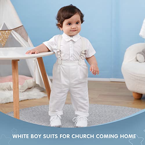 Image of Booulfi Baptism Christening Outfits for Baby Boy Outfits,NB- 5t Boy Clothes | 4 Piece Button Down White Shirt Bow Tie Photography Suspenders Baptism Outfits for Boys,Newborn 5t Boys Clothes Summer