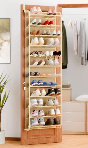 Image of Whitmor 36 Pair Over the Door Shoe Rack,12 Tier Hanging Shoe Organizer with Metal Frame & Mesh Shelves, Heavy Duty Shoe Storage Holder for Door, No Drill Installation, 74 inch H x 21.7 inch W x 7.5 inch D, Beige