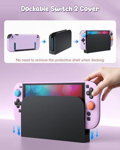 Image of Switch 2 Cover Case&Screen Protector, FYOUNG Dockable Shell for Nintendo 2 | Cute Case, Color‑Matched for Joycon 2 Light Purple Controller, 9H Tempered Glass, Hard Protective Case, Split Design