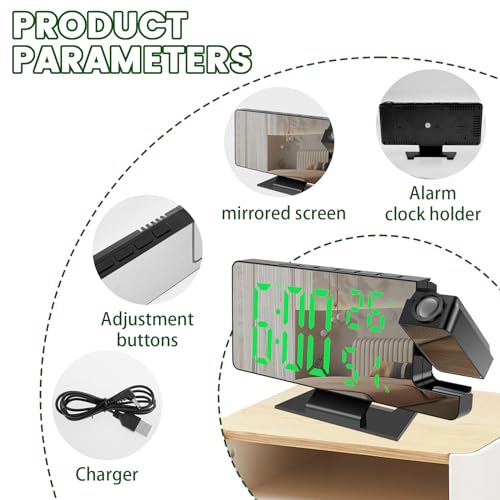 Digital Projection Alarm Clock for Bedroom Ceiling Wall - 180° Rotatable Projector Clock with 4 Level Dimmable Mirror Large LED Display, Smart Desktop Mirror Clock with Snooze for Heavy Sleepers - Image 2