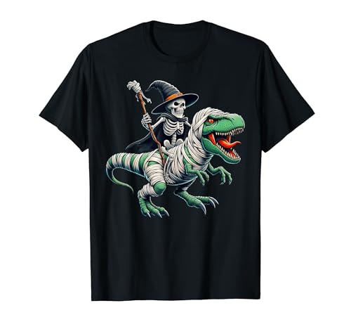 Skeleton Riding Mummy Dinosaur T Rex Scary Halloween T-Shirt