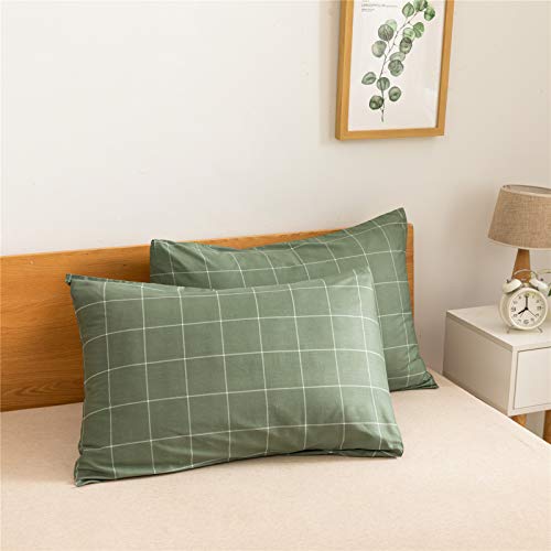 Jellymoni 100% Natural Cotton 3Pcs Plaid Duvet Cover Sets,Green With White Grid Geometric Pattern Printed Comforter Cover,With Zipper Closure & Corner Ties(Queen Size) #TOP6