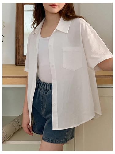 SweatyRocks Girl's Oversized Button Down Linen Shirts Short Sleeve Blouse Tops with Pocket4