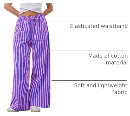 Image of MISSACTIVER Women Drawstring Striped Pants Loose Wide Leg Trousers Comfy Low Waist Pants Casual Lounge Pants with Pockets Pink Blue, Small