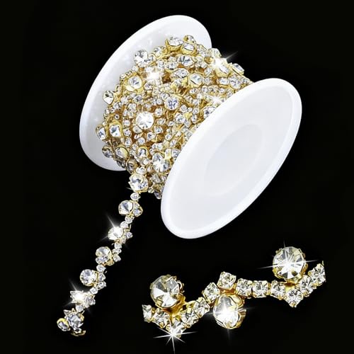 3 Yards Bling Rhinestone Chain Trim for Sewing Crafts Clothes Shoes Cups Rhinestone Applique Embellishments Silver Crystal Chain for Jewelry Making Wedding Cake Bags DIY(Gold)