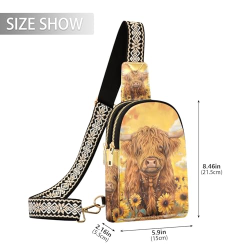 Sling Bag for Women Highland Cow Blooming Sunflower Pattern Crossbody Bag Small Chest Bag Shoulder Bag Cell Phone Purse for Casual Travel Hiking Running Sports2