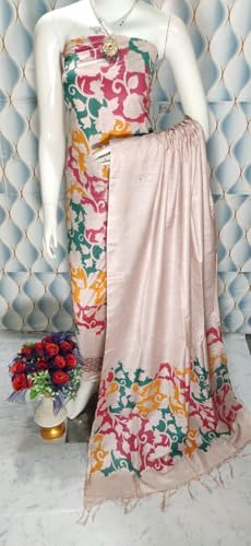 Image of Katan Slub Silk Unstitched Salwar Suit Dress Material for Women & Girls with Dupatta | Madhubani Screen Print | Top-2.5M, Bottom-2.5M, Dupatta-2.4M | Ethnic Wear | Code 243