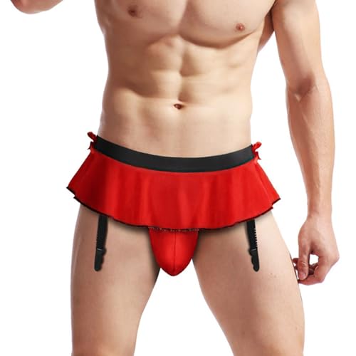 NLAND Tanga para Hombre Ropa Interior Slips Transpirable Tanga T-Back Sexy Lenceria Jockstrap Suspensorio G String con Liguero(Rojo)