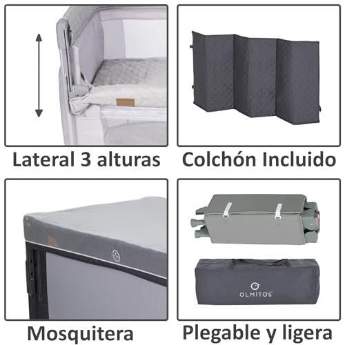 Miniatura 7 de Olmitos - Cuna De Viaje Colecho 3 En 1 Trend Cun Con Mosquitera 0-3 Años 0-15kg Plegable, Ligera, Doble Altura, Lateral Abatible, Parque De Juegos Y Bolsa De Transporte Verde