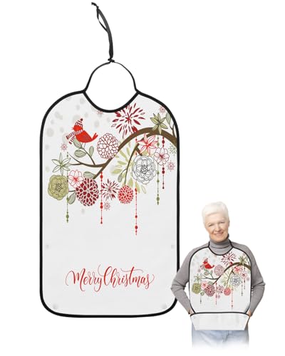 LEOKOTI Merry Christmas Adult Bibs for Eating, Waterproof Bibs with Food Catcher & Adjustable Snap Closure, Xmas Tree Botanical Floral Birds Washable Clothing Protectors Adult Bibs for Elderly