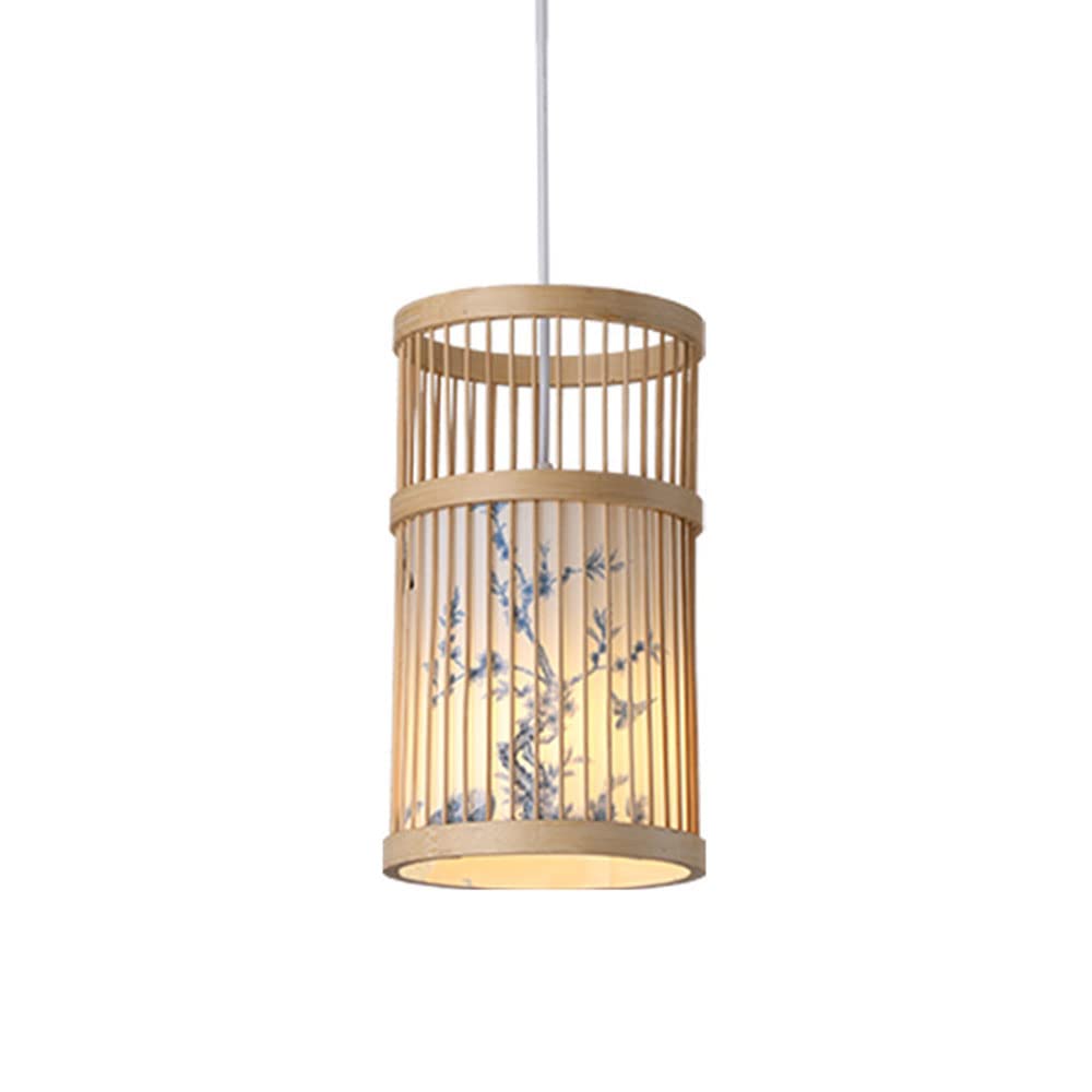 KHUKHU Kitchen Island LED Ceiling Fixture Single Light Wooden Pendant Light Bamboo Wicker Chandelier New Chinese Style Ceiling Light Fixture Lampshade for Living Room Restaurant(D)