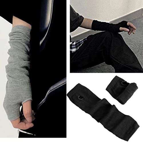 Image of Women's Long Knitted Fingerless Gloves Thumbhole Stretch Arm Warmers | Stretchy soft knitted arm warmers for women, comfortable thumbhole design, ideal daily winter hand sleeve accessories