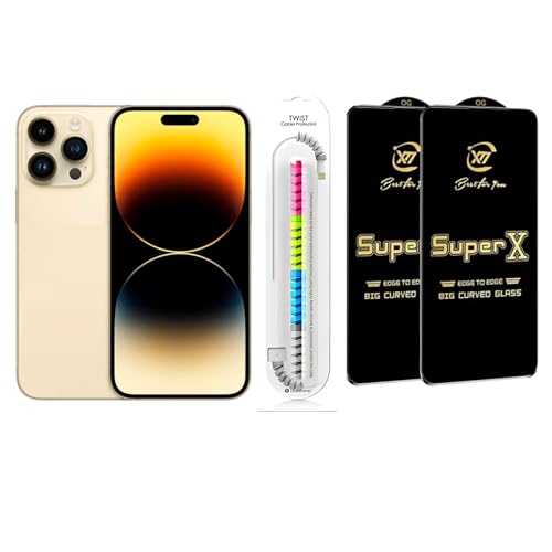 Image of Edge To Edge Tempered Glass Screen Protector Compatible With iPhone 14 Pro, 9H Hardness, Anti-Fingerprint, FHD Clear With Cable Protector Pack 2