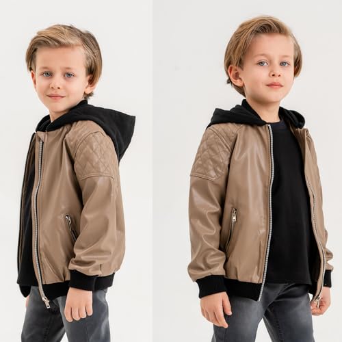 Image of Gold Class Kidswear Boys Leather Jacket with Hoodie, Faux Leather Jacket for Kids, Zipper Closure Boys Leather Jacket