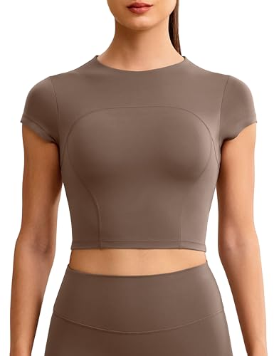 Workout Crop Tops for Women Yoga Short Sleeve Mild Support Slim Fit Cropped Athletic Shirts Gym Tee Built in Bra