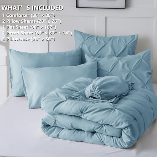 CozyLux Queen Comforter Set - 7 Pieces Comforters Queen Size Light Blue, Pintuck Bed in A Bag Pinch Pleat Bedding Sets with All Season Comforter, Flat Sheet, Fitted Sheet and Pillowcases & Sham