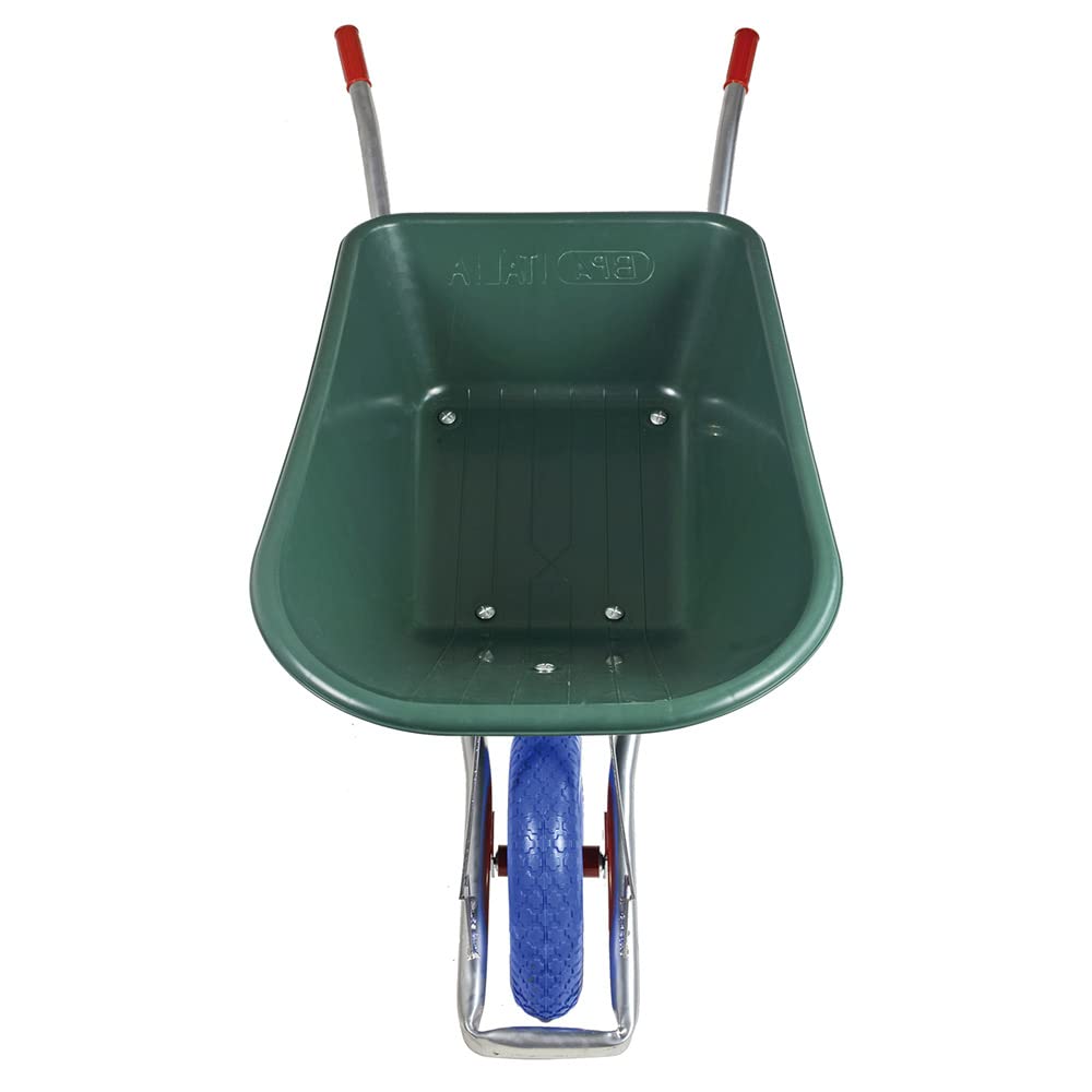 BPA Schubkarre 100 Liter Mulde PP Kunststoff Grün mit Pannensicherem PU Rad Blau Kugelgelagert Verzinkter Rahmen Vollgummirad Bauschubkarre