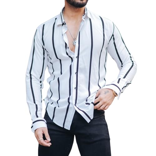 Image of MiraMichi Men's Striped Slim Fit Lycra Shirt | Full Sleeve Stretchable Shirt | Trendy Black and White Vertical Stripes for Casual