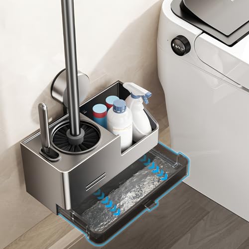 Image of Toilet Brush and Holder Set, Suction Cup Toilet Bowl Scrubber with Drip Tray, Wall Mounted Bathroom Cleaners Brush Shelf, Apartment RV Dormitory Camper Spring Cleaning Essentials Gadgets