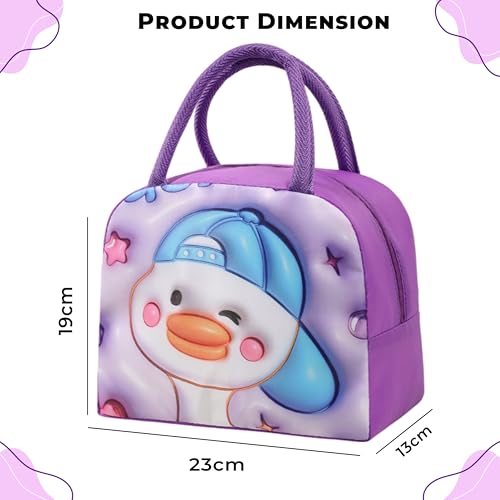 Image of Kraptick Compact & Stylish Design Printed Tiffin Bag for Children Insulated Lunch Bag for Kids Perfect Leakproof Keeps Hot and Cold Lunch Bag for School (Purple Trendy Cool Duck)