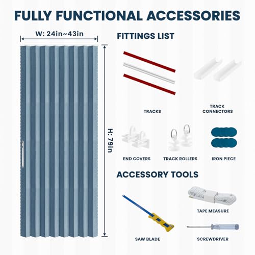 Image of AJAZZ 100% Blackout Accordion Door Closet Door Curtain-with Adhesive Track Total Privacy Sound Proof Curtains Suitable for Bedroom Living Room Doorway Curtain Sets (1Panel, 43W x 79 L, Blue)