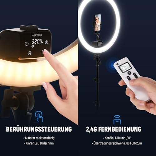 NEEWER Ringlicht SRP18-2,4G 18 Zoll LED mit Ständer und Telefonhalter, 2,4G & Manual Touch Control Professional Ringlicht, 42W 3200-5600K für Tattoo Wimpern Friseur Fotografie Beleuchtung,(Schwarz)