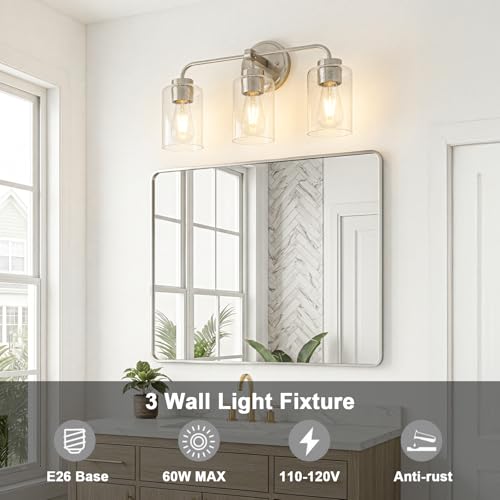 Image of 3-Light Bathroom Light Fixtures, 18 inch Brushed Nickel Vanity Light | Thick Seeded Glass, Bathroom Wall Lamp for Mirror, Rust-Proof, Reversible Up /Down Mount, ETL Certified, E26 Ceramic Sockets