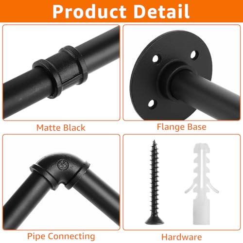 STARVAST Industrierohr Kleiderstangen,180cm Kleiderbügel für die Wand, Platzsparenders Wandregal Küchenregal mit 3 Basen, für Geschäft, Schwarz, 1-Pack