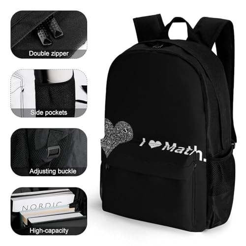 Supdreamc Men Women Polyester I Love Math Heart Black Casual Daypack Large Capacity Carry On Bag With Adjustable Shoulder Straps for Camping Work Running3